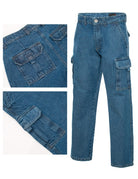 Generation XYZ blue denim travel cargo pants for men with multiple pockets and durable fabric