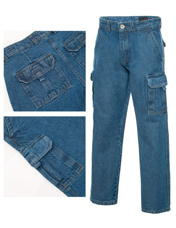 Generation XYZ blue denim travel cargo pants for men with multiple pockets and durable fabric