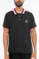 Men's black polo shirt by WEIV with embroidered crown logo and striped collar and sleeves