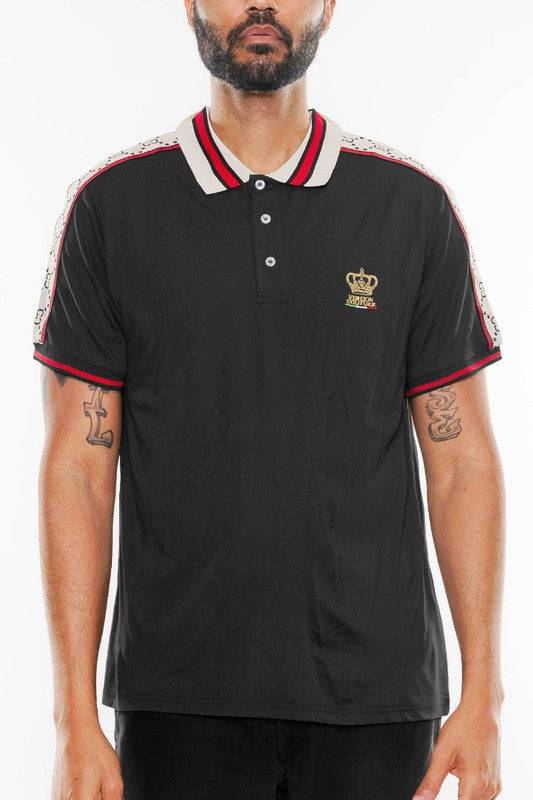 Men's black polo shirt by WEIV with embroidered crown logo and striped collar and sleeves