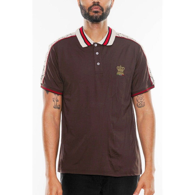 WEIV designer brown polo shirt with striped collar and logo embroidery on chest