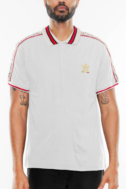 WEIV designer brown polo shirt with white base and red black striped collar on male model