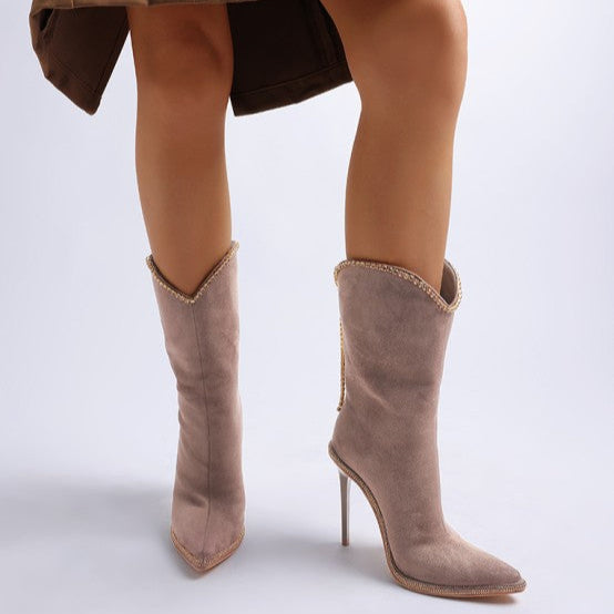 Rag Company designer heeled boots with diamante chain in taupe, featuring a pointed toe and sleek silhouette