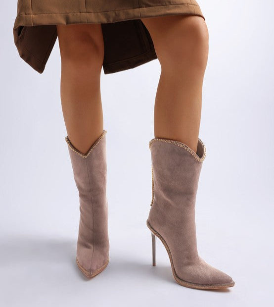 Rag Company designer heeled boots with diamante chain in taupe, featuring a pointed toe and sleek silhouette