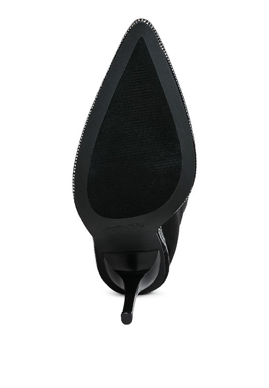 Sleek black designer heeled boots with diamante chain featuring a pointed toe and elegant style