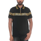 WEIV black designer polo button down shirt with gold geometric pattern and lion emblem