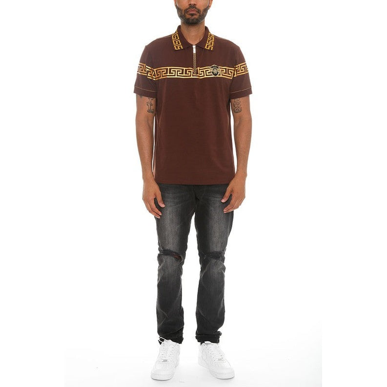 WEIV designer polo button down shirt in brown with gold Greek key pattern worn with black jeans and white sneakers