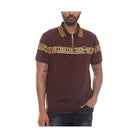 WEIV brown designer polo button down shirt with gold geometric pattern and medallion emblem