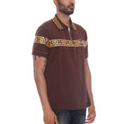 WEIV brown designer polo button down shirt with gold patterned collar and chest stripe