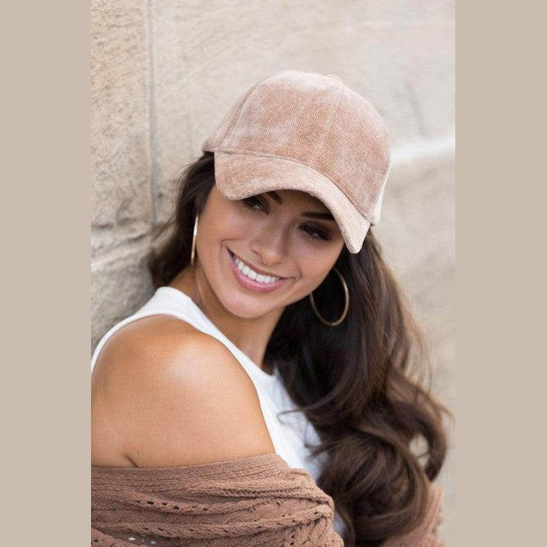 Aili's Corner designer velour caps in soft taupe, perfect for stylish casual outfits
