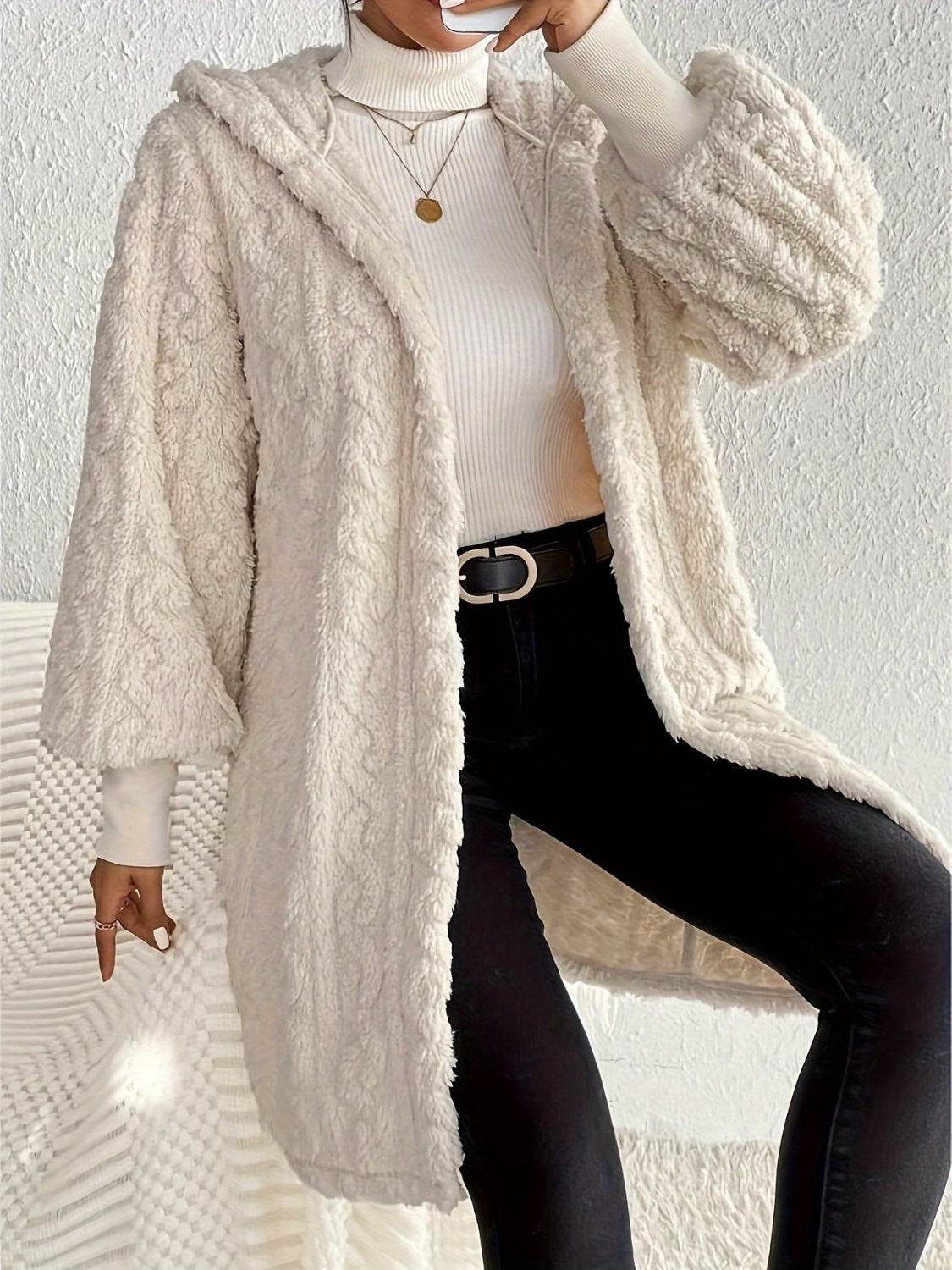Open Front Long Sleeve Fuzzy Hooded Jacket - VacationGrabs