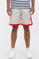 WEIV Double O Tape casual sweat shorts in beige with white pattern and red trim worn by model