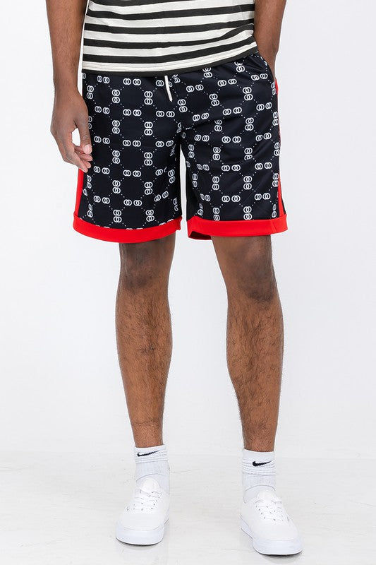 WEIV double O tape casual sweat shorts in black with white pattern and red trim worn by male model