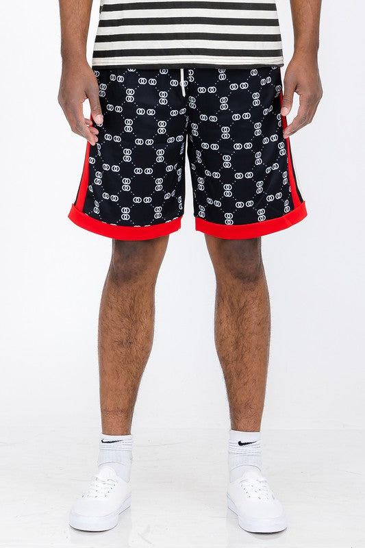 WEIV Double O Tape casual sweat shorts in black with white logo print and red trim on model