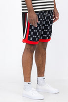 WEIV Double O Tape casual sweat shorts in black with white and red accents worn by a male model