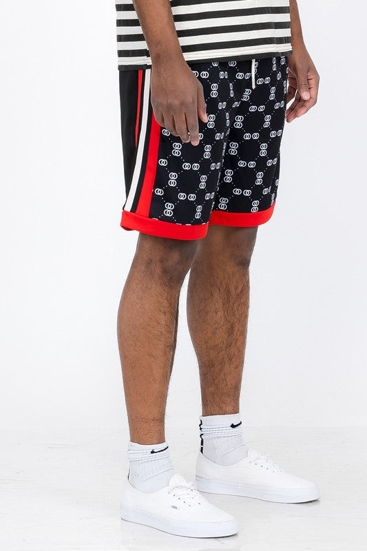 WEIV Double O Tape casual sweat shorts in black with white and red accents worn by a male model