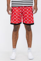 WEIV Double O Tape casual sweat shorts in red with white pattern and black trim worn by male model