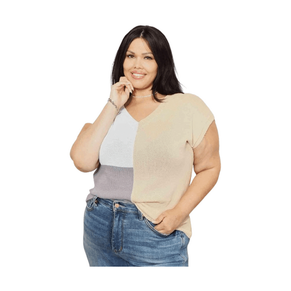Double Take Color Block V-Neck Knit Top - VacationGrabs
