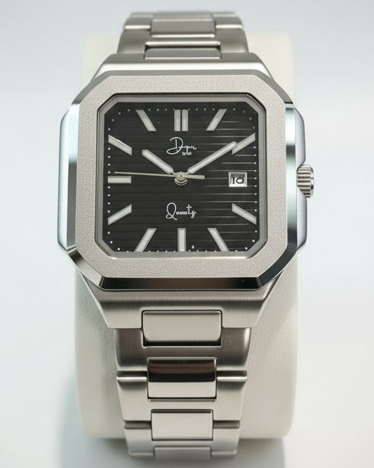 Silver watch with black dial on a white background