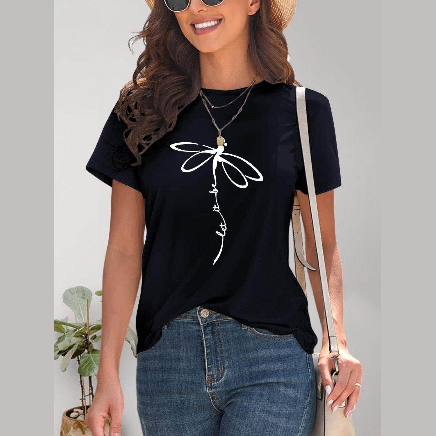 Dragonfly Graphic Round Neck Short Sleeve T-Shirt - VacationGrabs