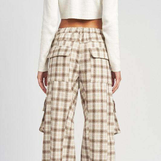 Emory Park women's drawstring cargo trousers in plaid pattern featuring side pockets and adjustable hem