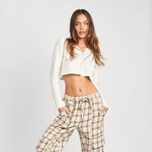 Emory Park women's drawstring cargo trousers in plaid pattern with side pockets for casual style