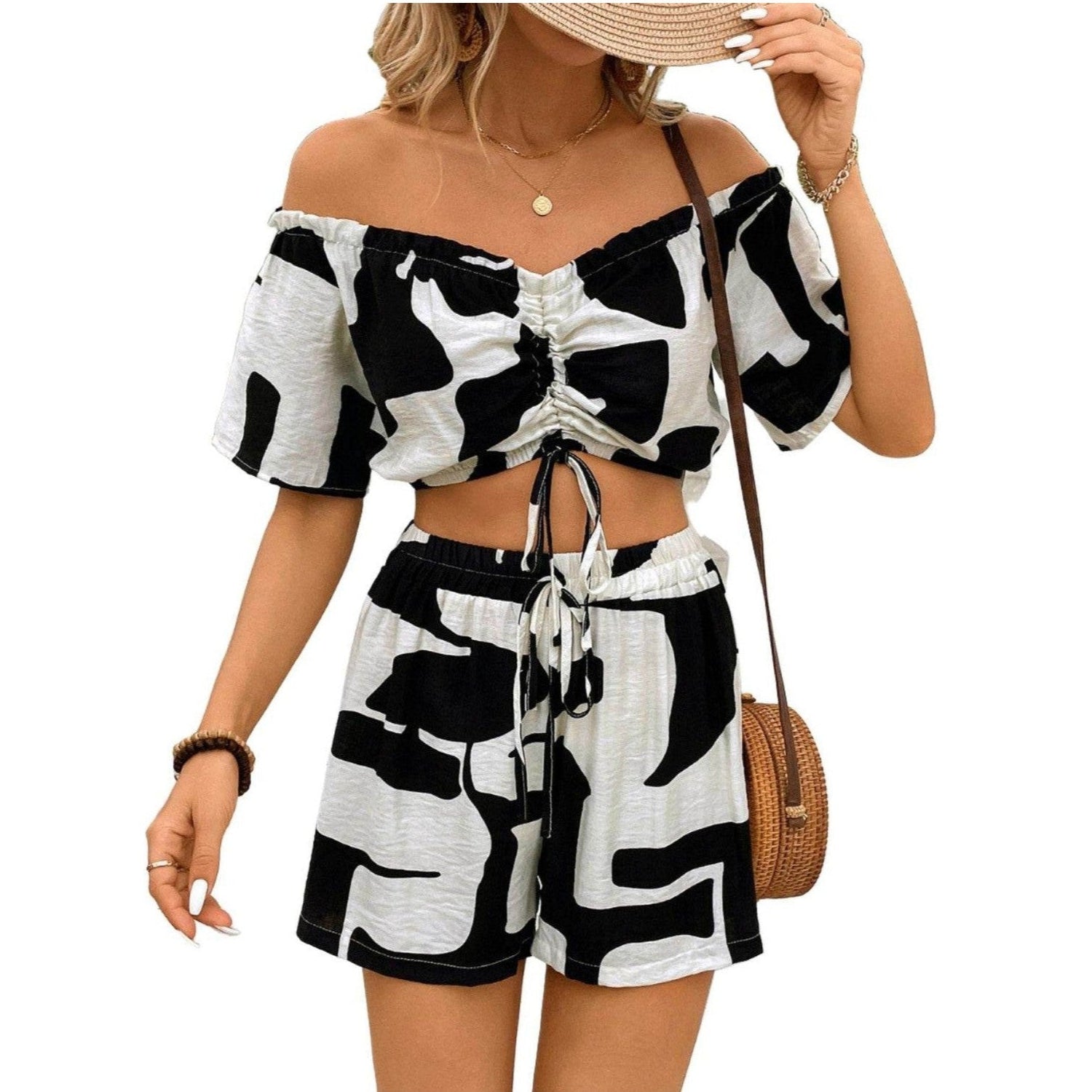 Drawstring Off-Shoulder Top and Shorts Set - VacationGrabs