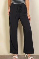 VacationGrabs women's black drawstring waist wide leg pants with casual fit and comfortable style