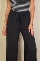 VacationGrabs women's black drawstring waist wide leg pants with relaxed fit and casual style