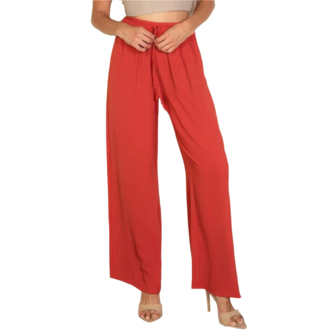 VacationGrabs women's red drawstring waist wide leg pants styled with a crop top and heels