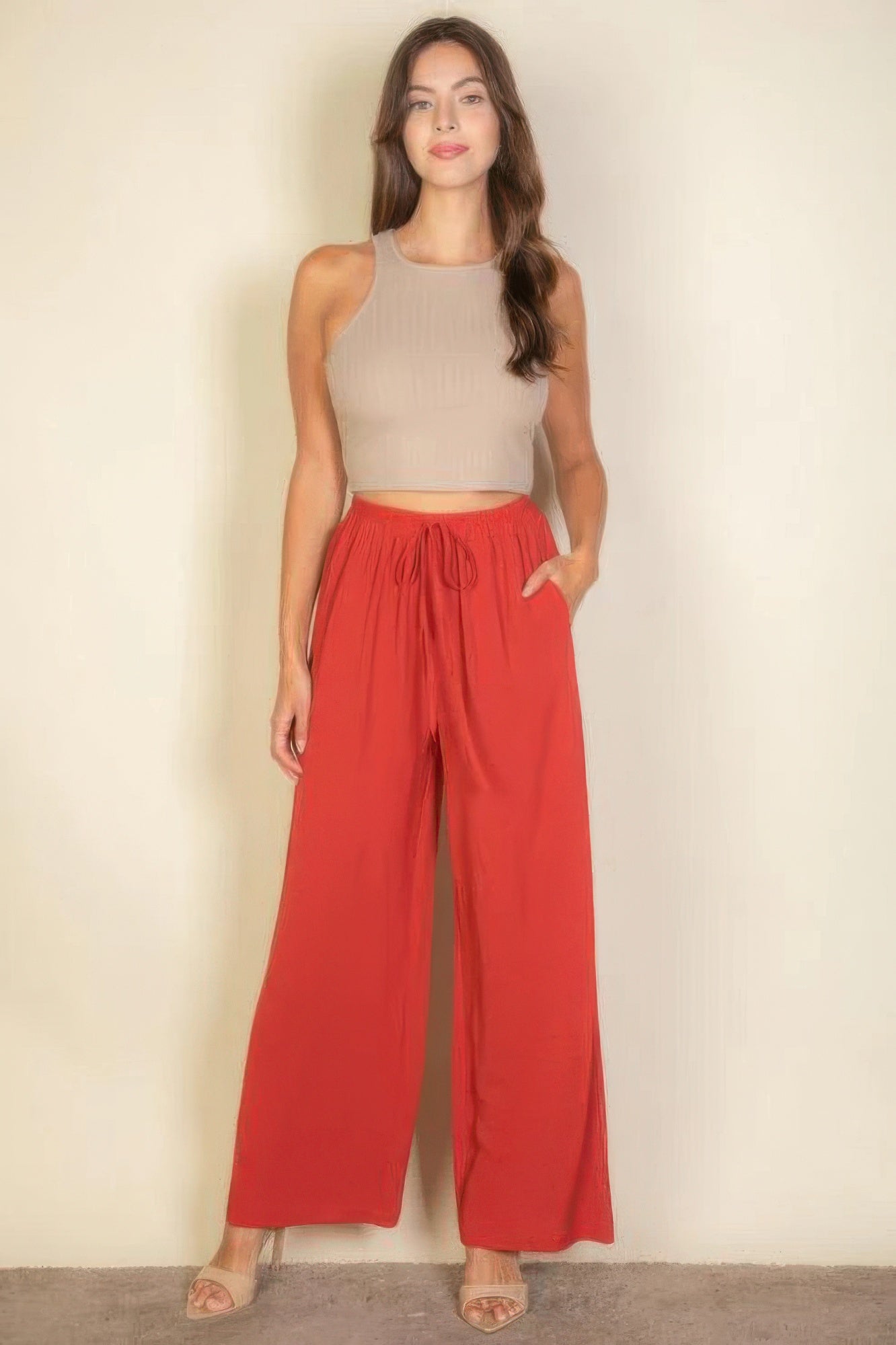 VacationGrabs women's red drawstring waist wide leg pants paired with beige sleeveless top