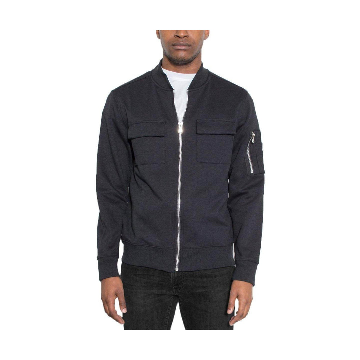 Men's dual pocket bomber jacket in navy with zip closure and side pockets for stylish comfort