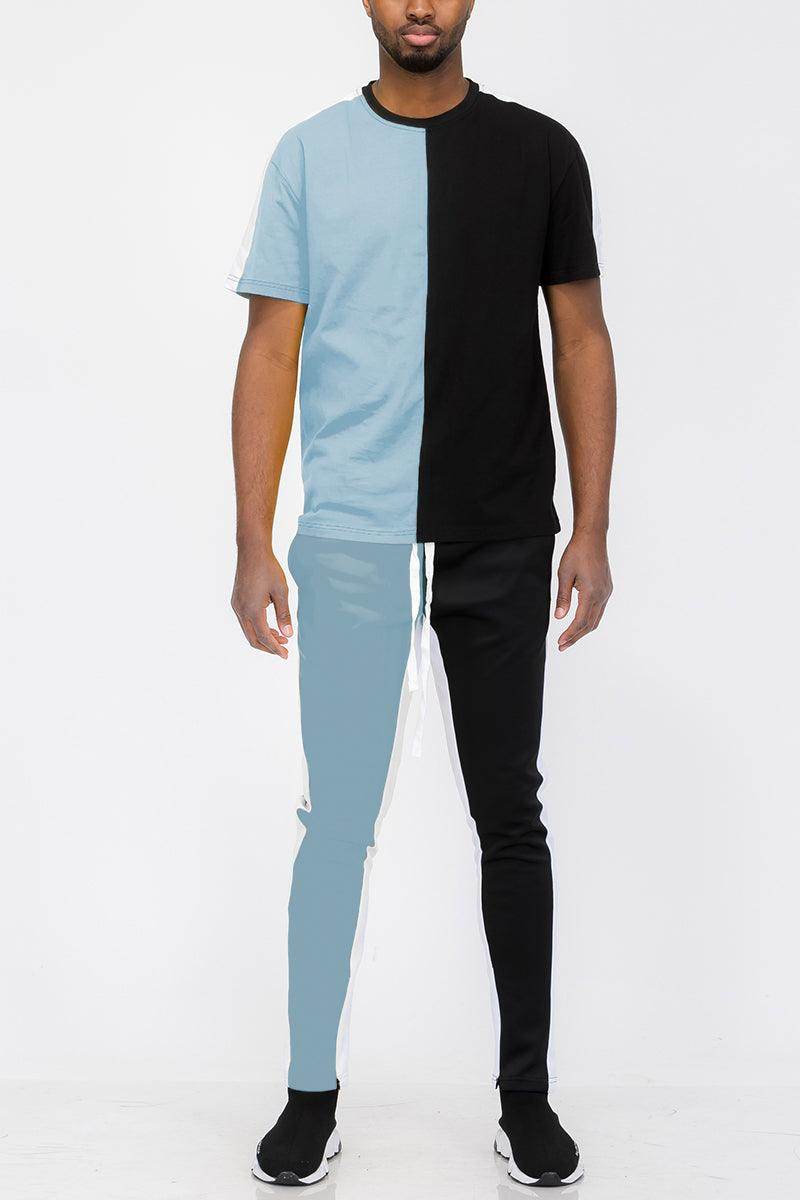 Men's activewear dust blue black pants set featuring a stylish color block design for comfort and style