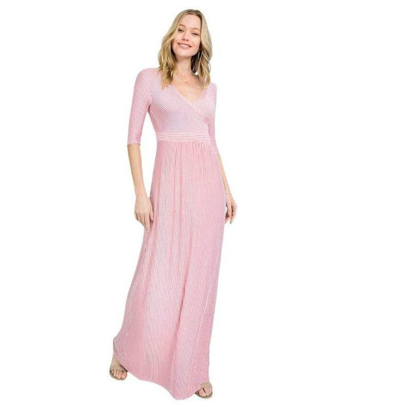e Luna Dusty Pink Maxi Dress with Flattering V-Neck and Elegant Striped Design