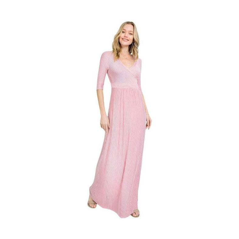 e Luna Dusty Pink Maxi Dress with Flattering V-Neck and Elegant Striped Design