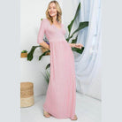 E Luna Dusty Pink Maxi Dress with a Flattering V-Neck and Three-Quarter Sleeves for Comfortable Wear