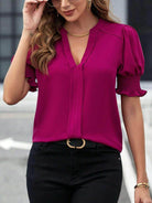 Notched Short Sleeve Blouse - VacationGrabs