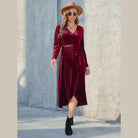 Tie Front Long Sleeve Slit Dress - VacationGrabs