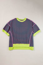 Green Stripe Oversized Contrast Trim Exposed Seam High Low T Shirt - VacationGrabs