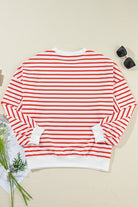 JUNIPER BLVD striped drop shoulder sweatshirt in red and white with casual fit and ribbed hem