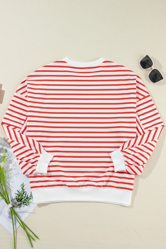 JUNIPER BLVD striped drop shoulder sweatshirt in red and white with casual fit and ribbed hem