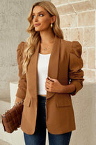 Double Take Puff Sleeve Shawl Collar Blazer - VacationGrabs