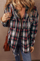 Red Plaid Print Chest Pocket Buttoned Hooded Shacket - VacationGrabs