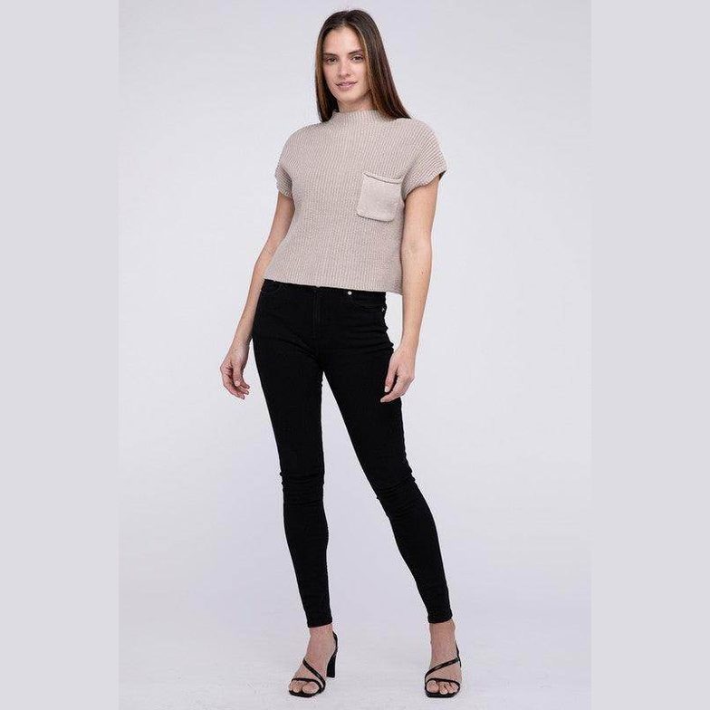 Mock Neck Short Sleeve Cropped Sweater - VacationGrabs