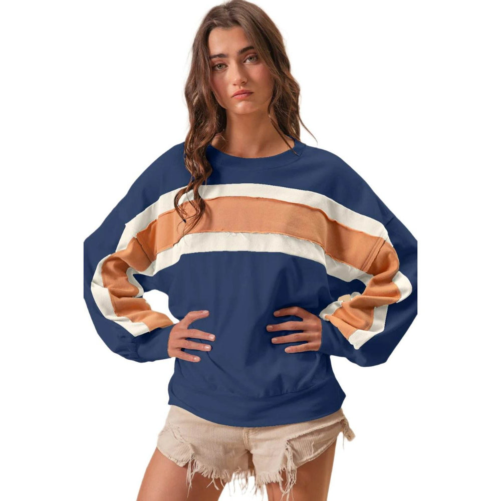 BiBi French Terry Color Block Cut Edge Detail Sweatshirt - VacationGrabs