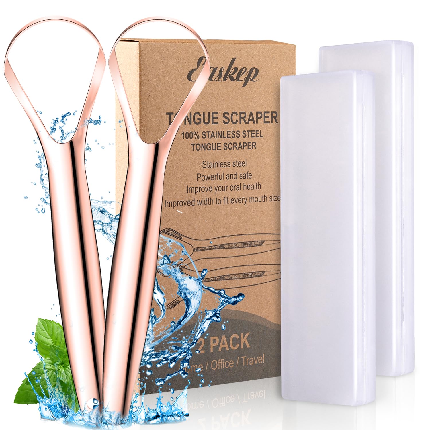 Tongue scraper 2 pack for oral hygiene with stainless steel scrapers and travel cases by VacationGrabs