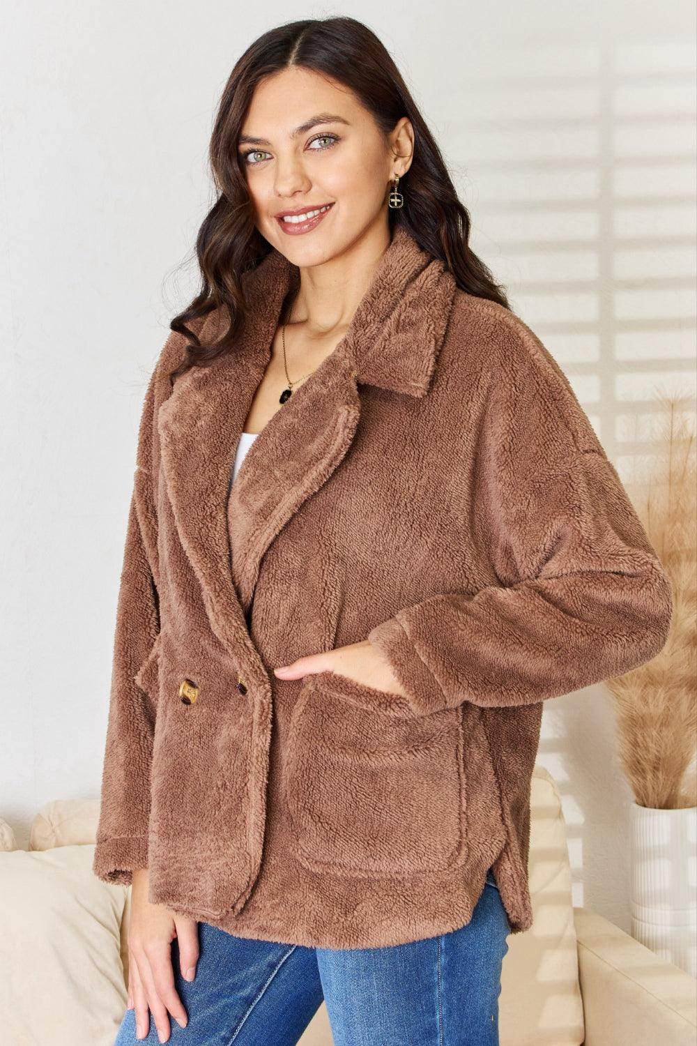 Taupe Double Breasted Fuzzy Coat - VacationGrabs