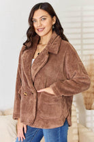 Taupe Double Breasted Fuzzy Coat - VacationGrabs