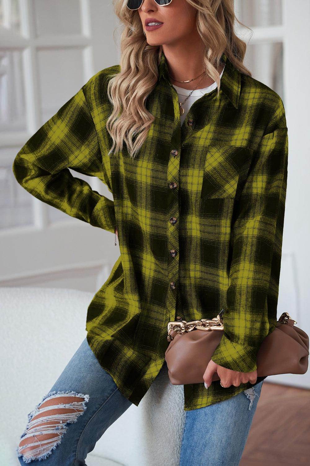 Plaid Button Up Dropped Shoulder Outerwear - VacationGrabs
