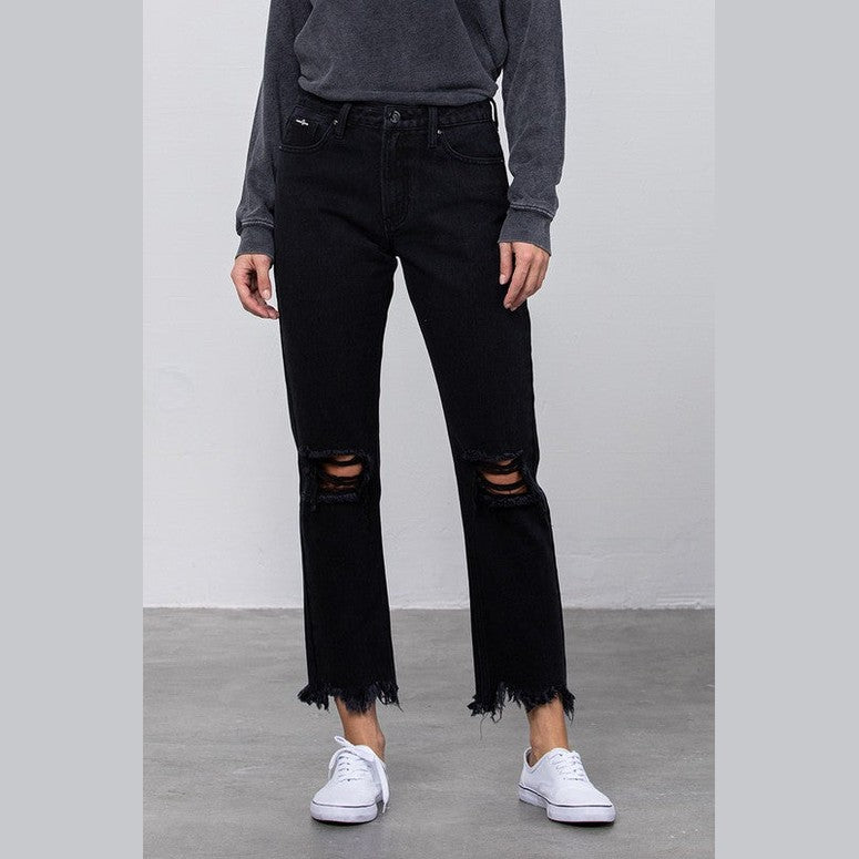 Women's Insane Gene edgy straight leg jeans with distressed details and frayed hem in black